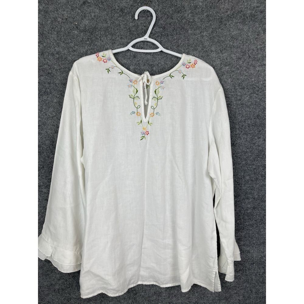 Talbots Pure Irish Linen Embroidered Smock Tunic Blouse White Sz Large 21"